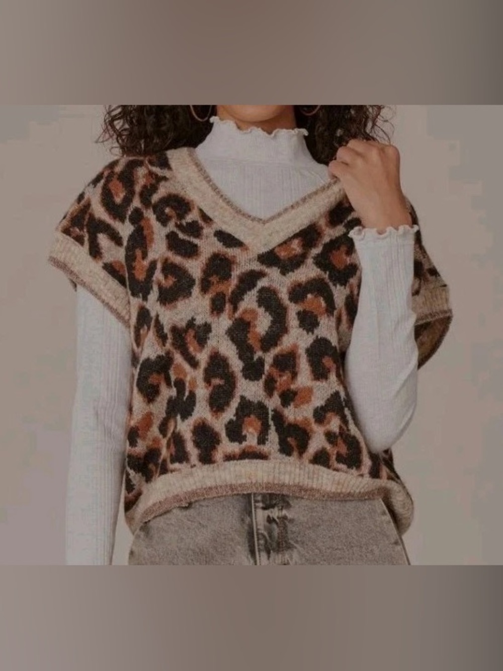 Democracy Leopard Print Wool Blend V-Neck Sweater Vest Size S Oversized